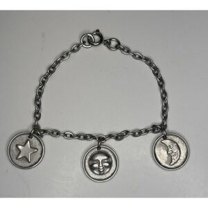 Vintage Celestial Charm Bracelet Sun Moon & Star Silver Tone 6.5"